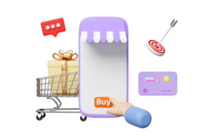 3d purple mobile phone, smartphone with store front, hand pointing finger, shopping cart, basket, gift box, credit card isolated. online shopping, 3d illustration render png