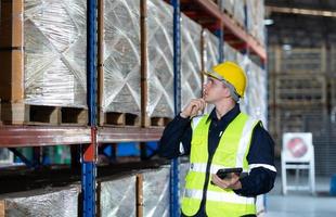 Head of worker in an auto parts warehouse, Examine auto parts that are ready to be shipped to the automobile assembly factory. photo