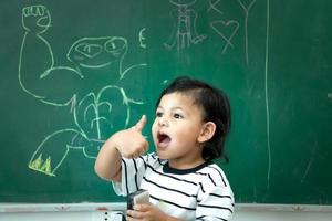 A little boy with a brilliant imagination is clearly visible on the slate photo