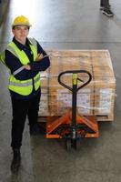 Worker in auto parts warehouse use a handcart to work to bring the box of auto parts into the storage shelf of the warehouse waiting for delivery to the car assembly line photo