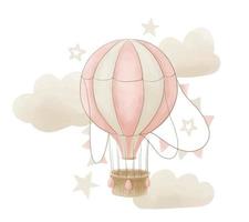 Hot air Balloon with cloud and stars in pastel pink and beige colors. Hand drawn watercolor illustration for Baby shower on isolated background. Kid drawing for newborn greeting cards or invitations vector