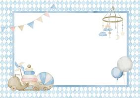 Template for Baby Shower greeting card or invitation. Hand drawn watercolor illustration with balloons, toys and garland in pastel blue and beige colors. Space for text. Drawing for newborn party vector