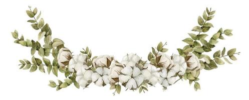 Watercolor illustration with Cotton flower balls and green Eucalyptus branches on isolated background. Hand drawn floral composition for greeting cards or wedding invitations in pastel white colors vector