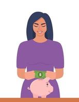 Young woman putting a dollar bill into a piggy bank. Money saving, economy concept. Profit, income, earnings, budget, fund. Vecor illustration. vector