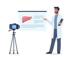 Doctor gives a training lecture about anatomy on camera. Doctor presenting human liver infographics. Online medical seminar, lecture, healthcare meeting concept. Vector illustration.