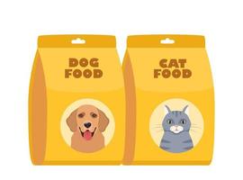 perro o gato comida paquetes paquetes de seco canino y felino alimento. mascota comercio, Doméstico animal, cuidado concepto. vector ilustración.