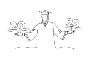 continuo uno línea dibujo clase de 2023. felicidades graduados graduación concepto. soltero línea dibujar diseño vector gráfico ilustración.