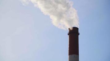 pijpen met rook industrieel productie, plant, lucht vervuiling. dicht dik rook komt van industrieel rood Wit pijpen van een vogel oog visie. industrieel zone rook komt van de pijp. video