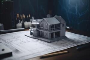 A blueprint of a residential house on a desk with a model of the house on the desk created with technology. photo