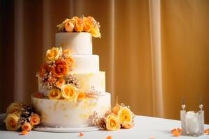 A multi-tiered wedding cake with lots of decoration created with technology. photo