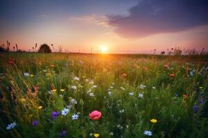 hermosa prado con un montón de flores durante puesta de sol creado con generativo ai tecnología. foto