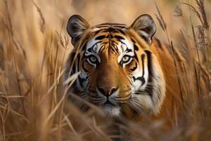 un fuerte Tigre en el alto césped a un río creado con generativo ai tecnología. foto