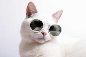 A cool white cat wearing black sunglasses on a white background created with technology. photo
