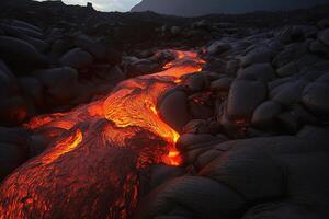 A luminous magma flow in a lava field created with technology. photo