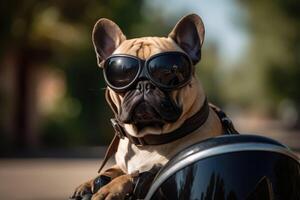 un perro montando un moto creado con generativo ai tecnología. foto