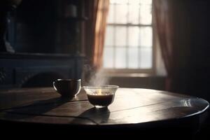 A steaming cup of tea on a table in a cosy old room created with technology. photo