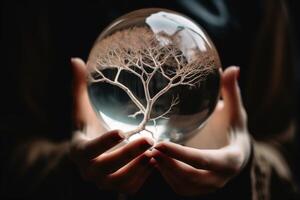 A tree inside of a glass sphere held by a female hand created with technology photo