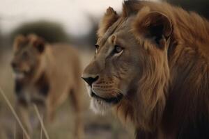 un masculino león y un hembra león en el antecedentes creado con generativo ai tecnología. foto