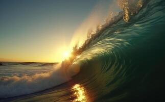 A big wave looking into the wave tunnel during sunset created with technology. photo