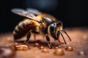 cerca arriba de un abeja en miel creado con generativo ai tecnología. foto