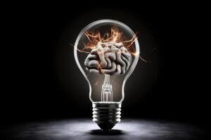 A creative idea mix of a lightbulb and a brain created with technology. photo