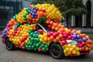 A car made of festive balloons created with technology. photo