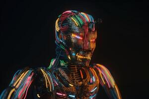 An AI robot almost completely wrapped in brightly coloured fibre optic cable created with technology. photo