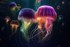 Multiple brightly coloured jellyfish in the depths of the ocean with lightbeams from above created with technology. photo