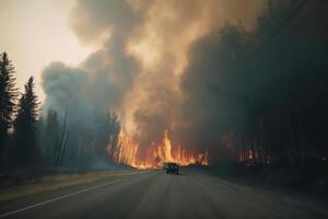 un devastador bosque fuego como visto desde el la carretera creado con generativo ai tecnología. foto