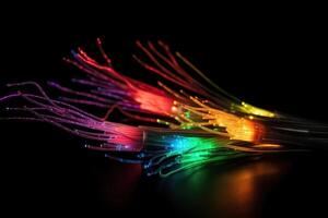 algunos fibra óptico cables brillante a el final en diferente colores en contra un negro antecedentes creado con generativo ai tecnología. foto