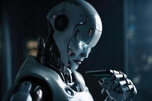 An AI robot in a business suit looks at its smartphone created with technology. photo