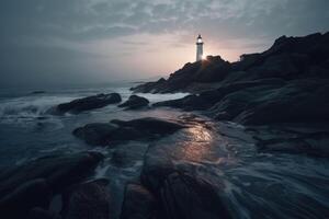 Long exposure of a rocky coast with a lighthouse on it created with technology. photo