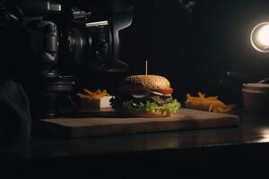 Top view of a black slate preparing a delicious burger created with technology. photo