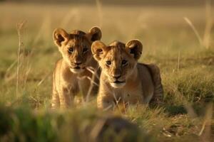 dos linda león cachorros jugando en el plano césped de el sabana creado con generativo ai tecnología. foto