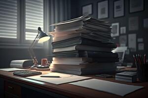 A desk with huge piles of files on it created with technology. photo