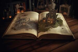A magical book with fantasy stories coming out of the book created with technology. photo