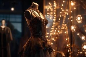 An innovative and elegant dress in a steampunk look on a Mannequin with soft bokeh lights created with technology. photo