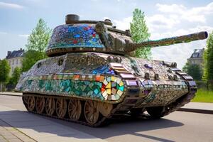 A military tank made of stained glas on a road created with technology. photo