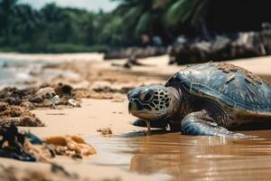A large turtle drags itself onto a beach created with technology. photo