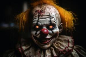 An evil clown doll in a dirty look created with technology. photo