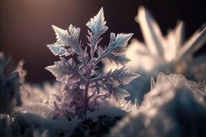 Very beautiful ice crystals in close-up against a soft winter background created with technology. photo