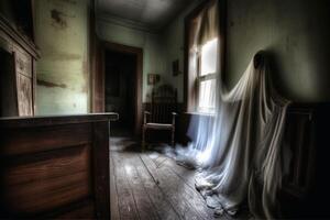 A ghostly apparition in an old run-down house created with technology. photo