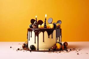 Birthday cake with pouring chocolate on a yellow background created with technology. photo