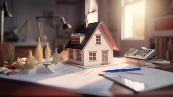 a small house and documents on table , real estate housing concept photo