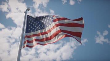 ai generativo americano bandera ondulación en el viento terminado arenisca montañas. 3d hacer foto