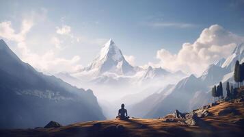 ai generativo hombre meditando en parte superior de un montaña. 3d representación foto