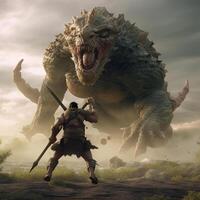 a big monster fighting with a worrier photo