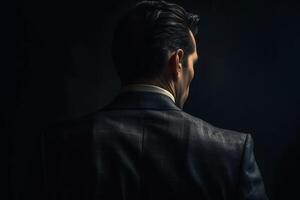 Back view of young businessman in suit looking away while walking on street photo