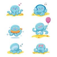 Collection funny childish octopus in different poses vector flat illustration. Cheerful kids aquatic creature with eyes and tentacles isolated. Underwater wildlife habitat set nature sea fauna