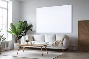 Blank White Canvas Inside of a Living Room for a Wall Art Mockup Illustration with Generative AI photo